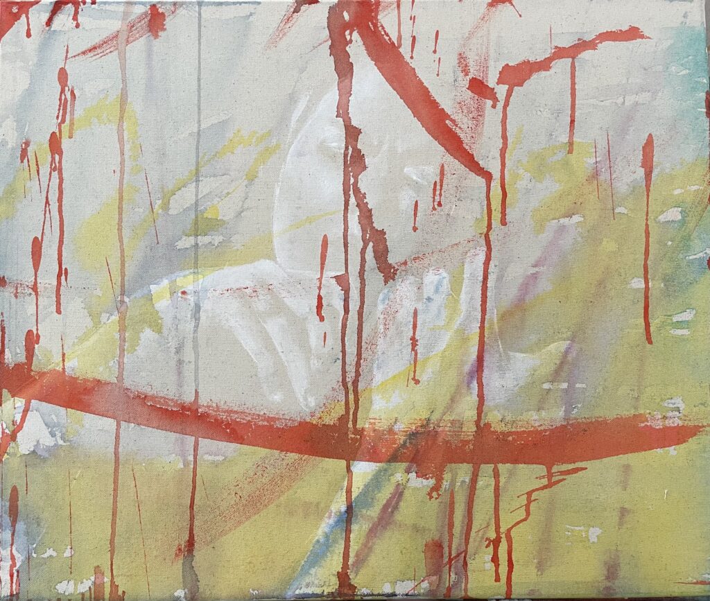 Ce qui coule du geste Gesso et aquarelle sur toile performance Isabelle Faust Ondrej Adamek