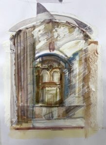 Seuil-petit théâtre baroque, caséine, huile et aquarelle sur papier 33X25cm 2024
